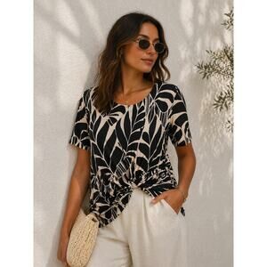 Minimalist Abstract Print Blouse Black Cream Twist Front Top Euro Chic